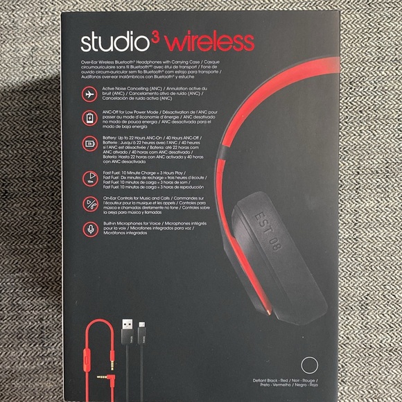 Beats Studio3 Over-Ear Noise Cancelling Bluetooth Headphones w/case - Black/Red - Picture 2 of 7
